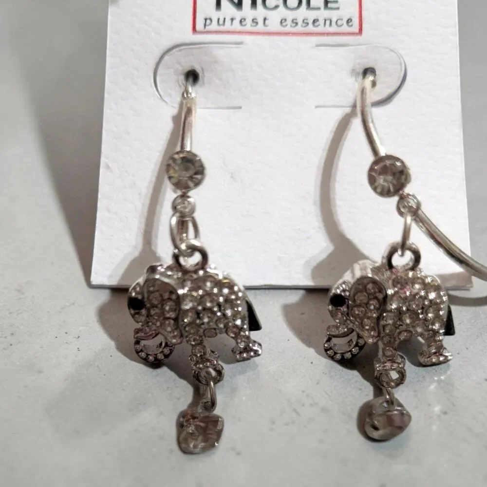 Silver Tone Elephant Hoop Earrings, Rhinestone Elephant Charm Earrings